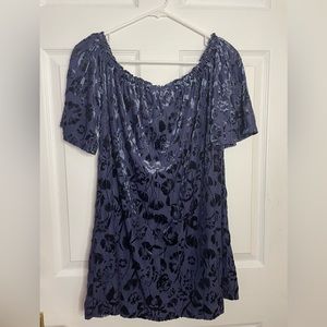 Navy Off the Shoulder Crushed Velvet Floral Dress